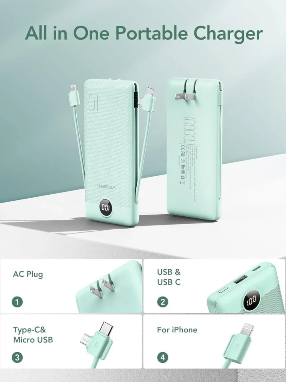 Portable Charger with Built-in AC Plug and Cables All in One 10000mAh Power Bank